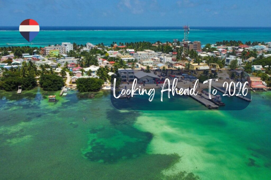 Aerial view of Caye Caulker, Belize, showing beaches, village, and the Split.