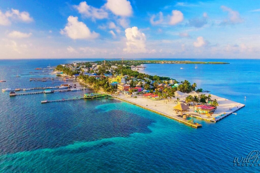 Aerial view of vacant and developed lots on the Southside of Caye Caulker.