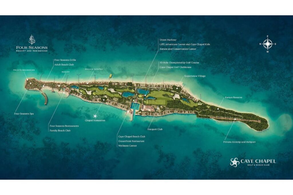 Aerial view of Caye Caulker with neighboring Caye Chapel, highlighting luxury and boutique development sites.
