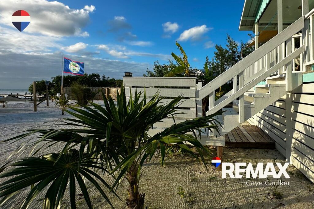 Beachfront home with palm trees and a Belize flag subtly visible nearby