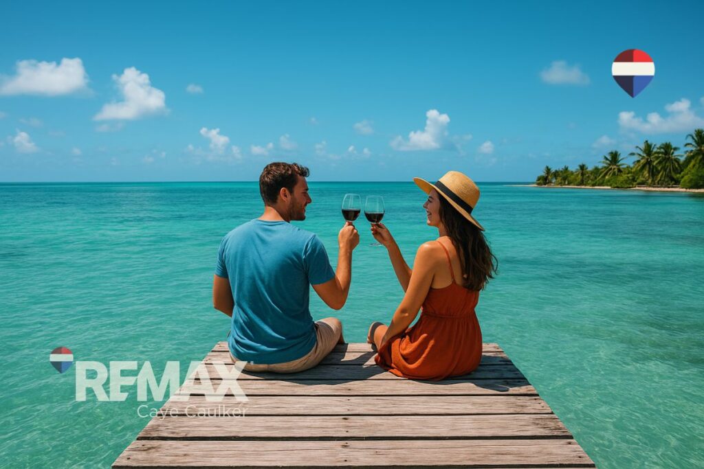 Buyers sitting on a dock with a glass of wine